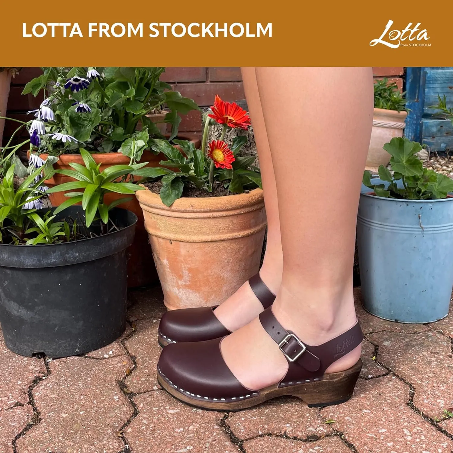 Swedish Low Wood Clog Sandal for Women | Low Heel Mary Jane Style Wooden Clogs Handcrafted in Sweden | Brown Alder Wood Base and Real Leather | Aubergine