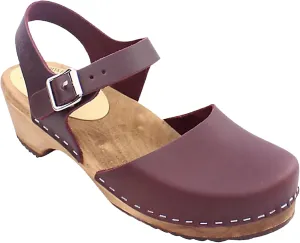 Swedish Low Wood Clog Sandal for Women | Low Heel Mary Jane Style Wooden Clogs Handcrafted in Sweden | Brown Alder Wood Base and Real Leather | Aubergine