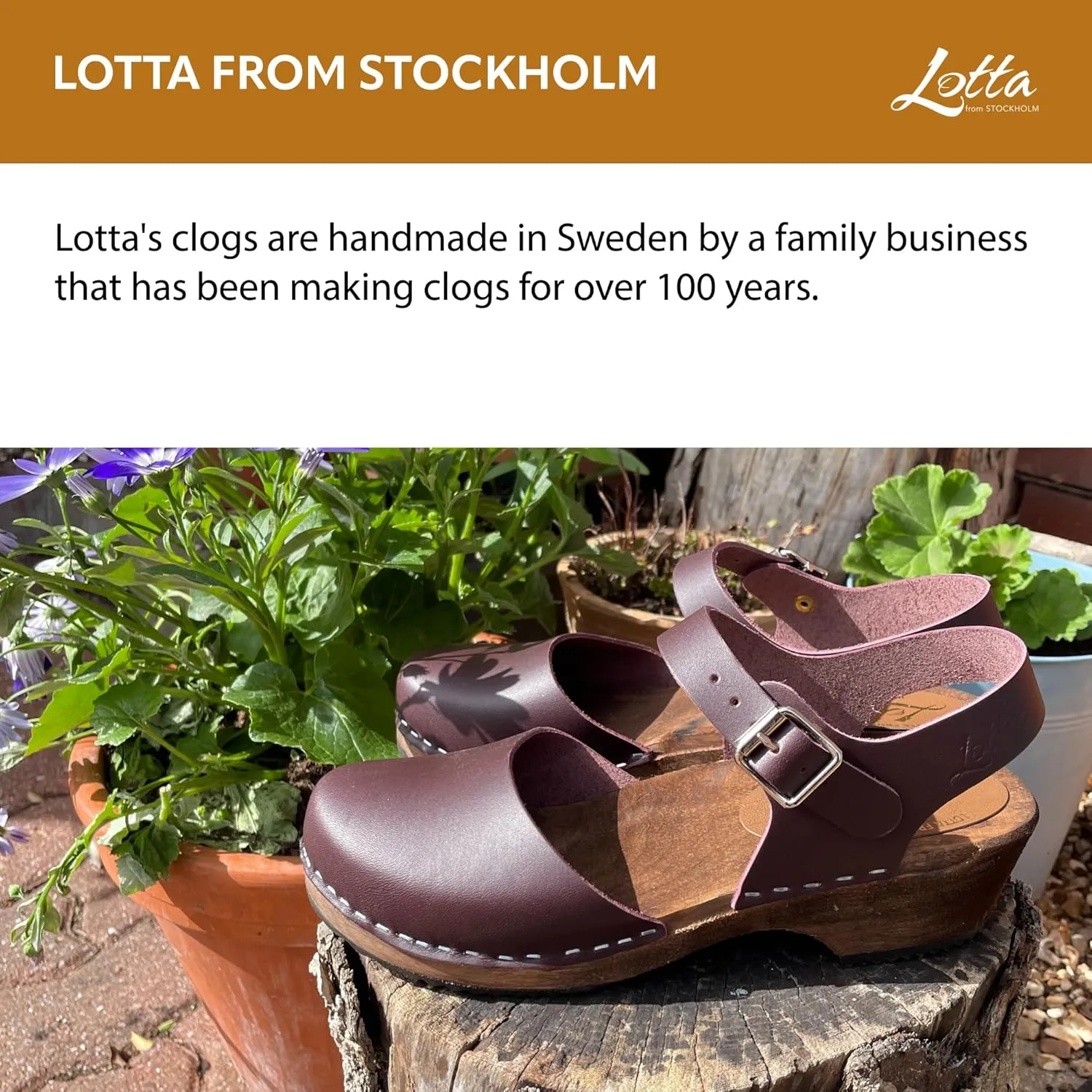 Swedish Low Wood Clog Sandal for Women | Low Heel Mary Jane Style Wooden Clogs Handcrafted in Sweden | Brown Alder Wood Base and Real Leather | Aubergine