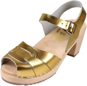 Swedish Peep Toe Clog Sandal for Women | Comfortable and Stylish High Heel Open Toe Wooden Clog Made in Sweden | Alder Wood Base and PU Coated Leather | Gold