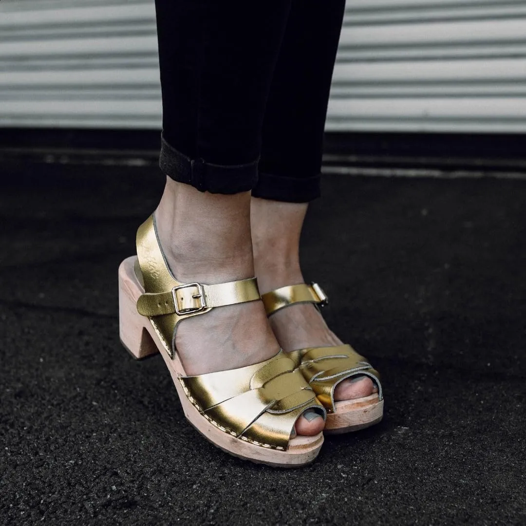 Swedish Peep Toe Clog Sandal for Women | Comfortable and Stylish High Heel Open Toe Wooden Clog Made in Sweden | Alder Wood Base and PU Coated Leather | Gold