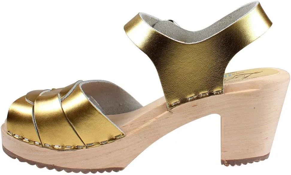 Swedish Peep Toe Clog Sandal for Women | Comfortable and Stylish High Heel Open Toe Wooden Clog Made in Sweden | Alder Wood Base and PU Coated Leather | Gold