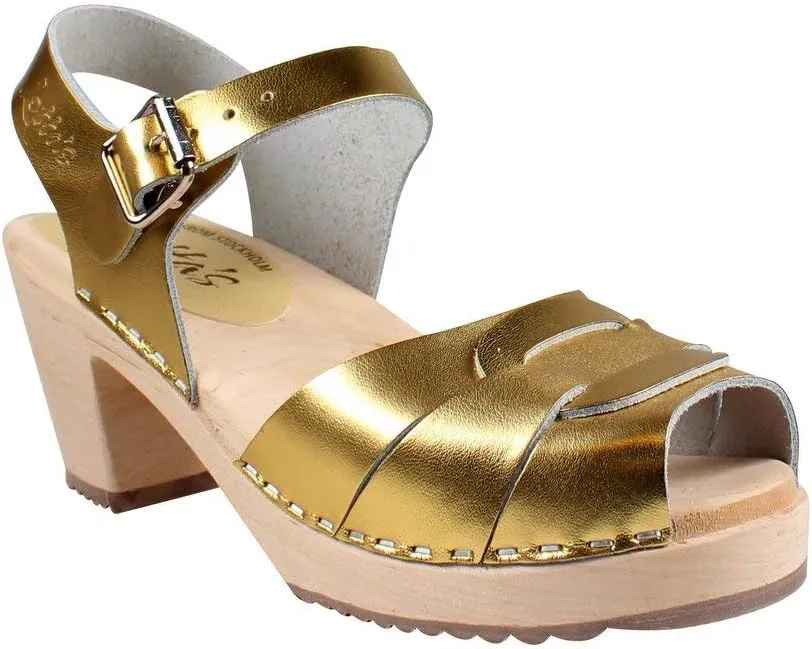 Swedish Peep Toe Clog Sandal for Women | Comfortable and Stylish High Heel Open Toe Wooden Clog Made in Sweden | Alder Wood Base and PU Coated Leather | Gold