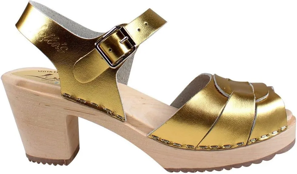 Swedish Peep Toe Clog Sandal for Women | Comfortable and Stylish High Heel Open Toe Wooden Clog Made in Sweden | Alder Wood Base and PU Coated Leather | Gold