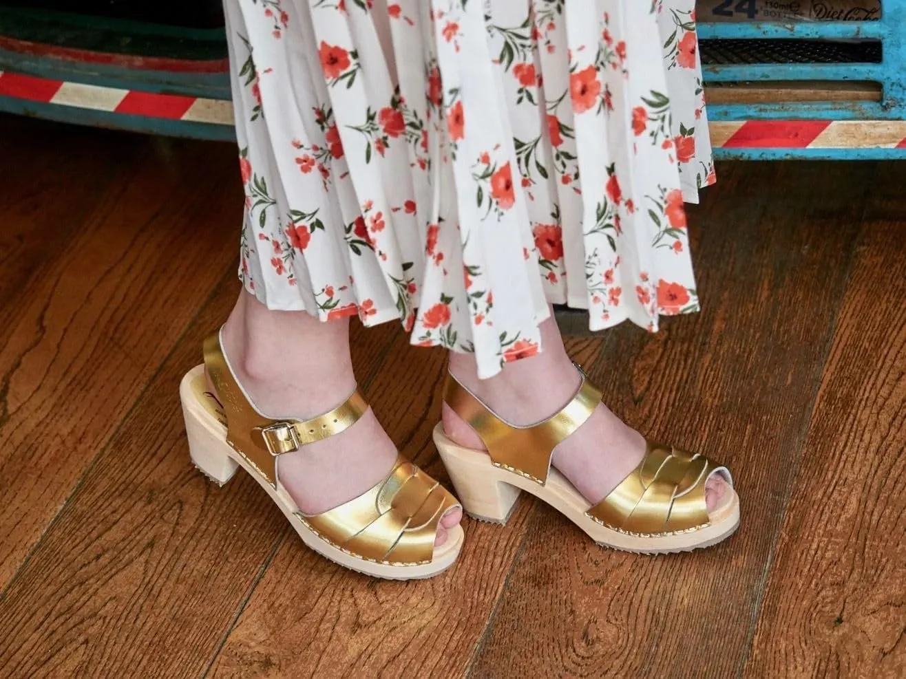 Swedish Peep Toe Clog Sandal for Women | Comfortable and Stylish High Heel Open Toe Wooden Clog Made in Sweden | Alder Wood Base and PU Coated Leather | Gold