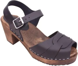 Swedish Peep Toe Clog Sandal for Women | High Heel Open Toe Wooden Clogs Handcrafted in Sweden | Brown Alder Wood Base and Natural Leather | Black