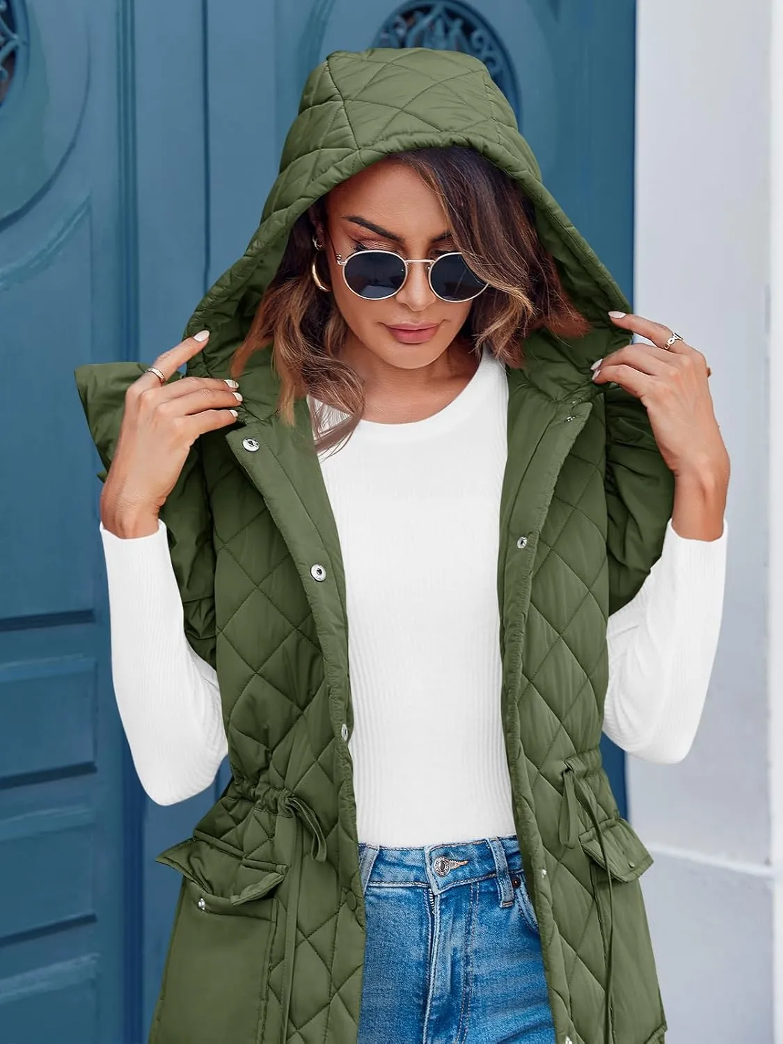 Tankaneo Womens Long Puffer Vests Fashion Ruffle Sleeve Quilted Gilet Coats Winter Hooded Down Jacket Vest