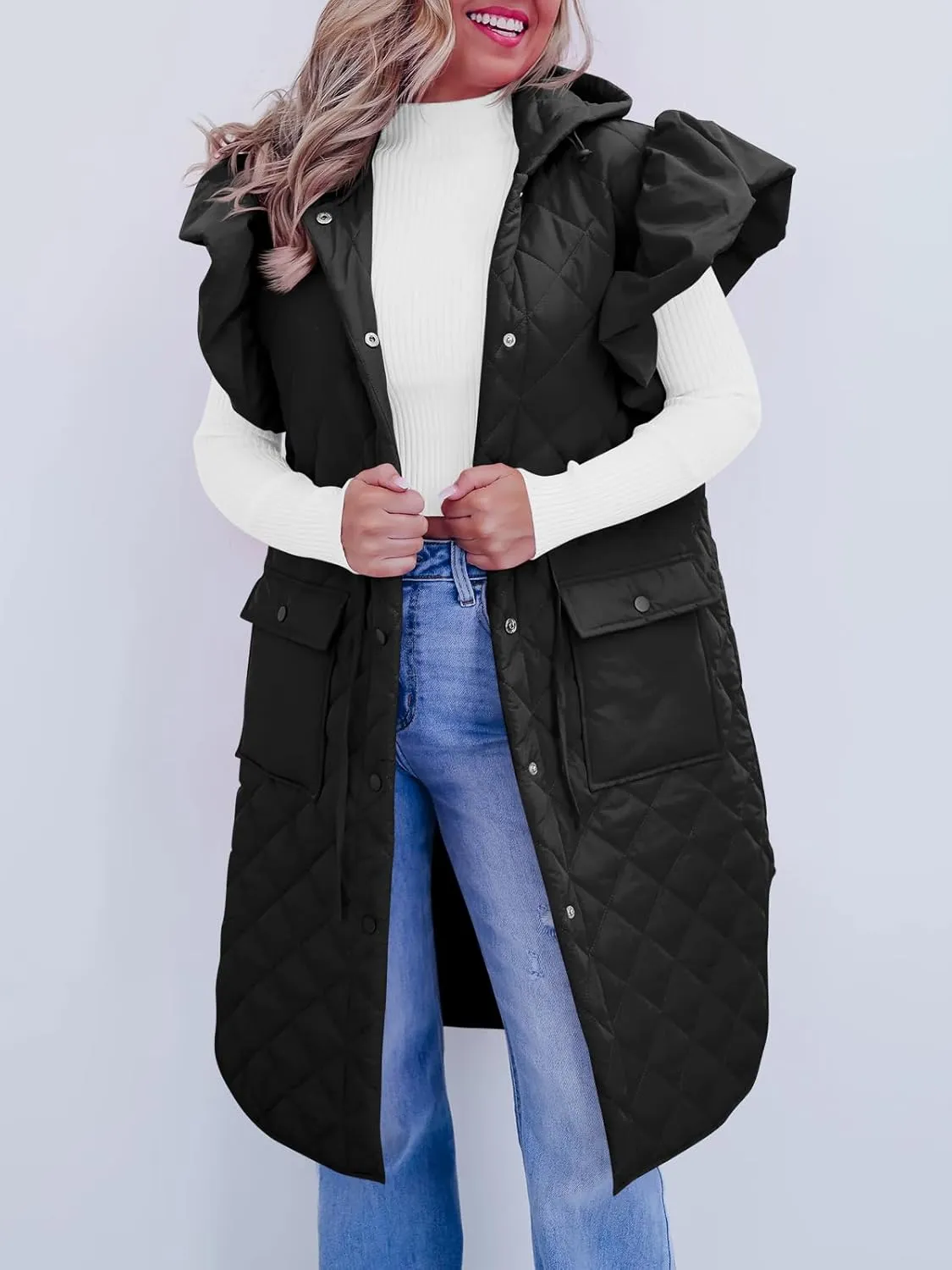 Tankaneo Womens Long Puffer Vests Fashion Ruffle Sleeve Quilted Gilet Coats Winter Hooded Down Jacket Vest