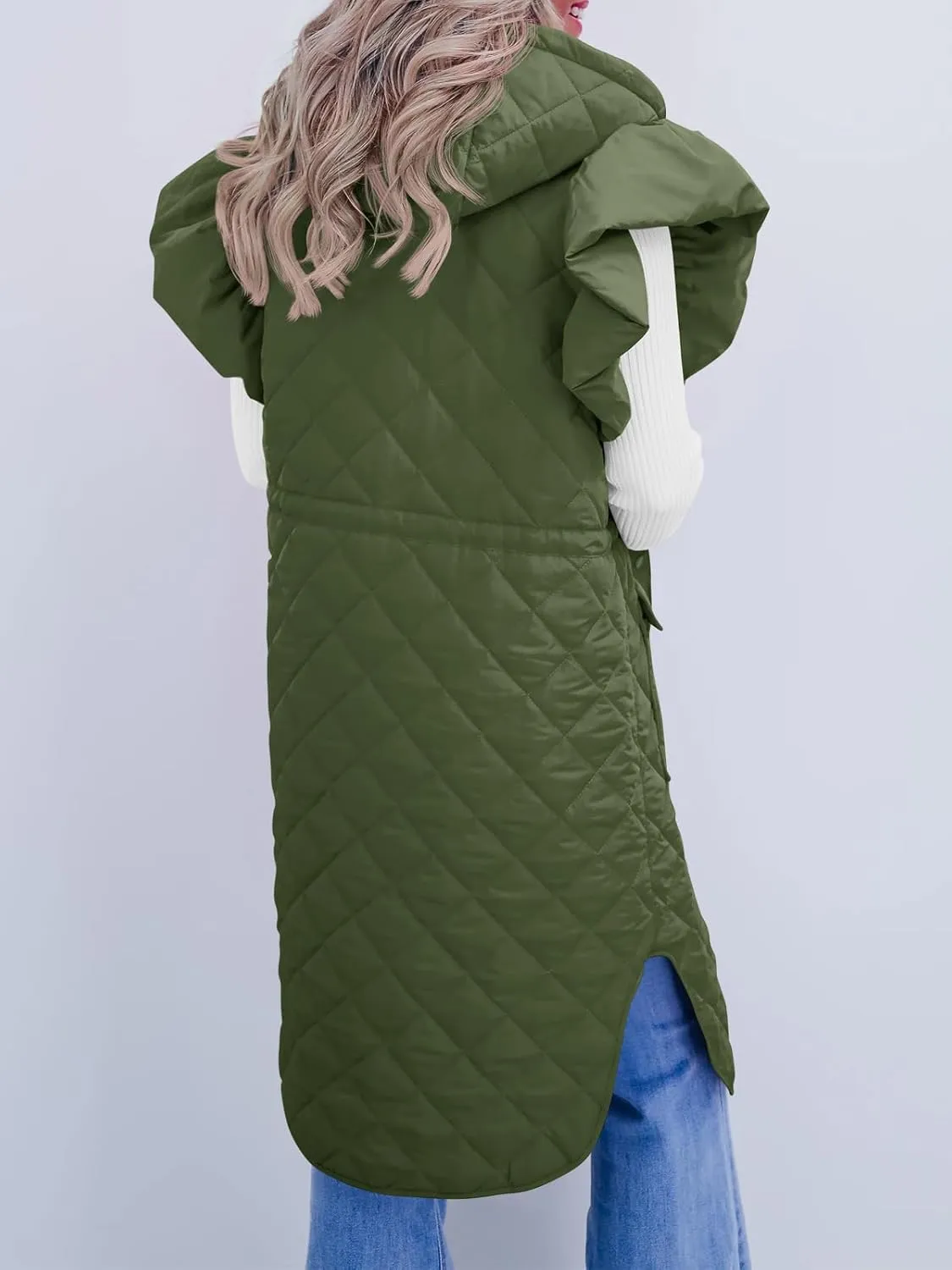 Tankaneo Womens Long Puffer Vests Fashion Ruffle Sleeve Quilted Gilet Coats Winter Hooded Down Jacket Vest