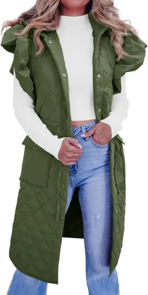 Tankaneo Womens Long Puffer Vests Fashion Ruffle Sleeve Quilted Gilet Coats Winter Hooded Down Jacket Vest