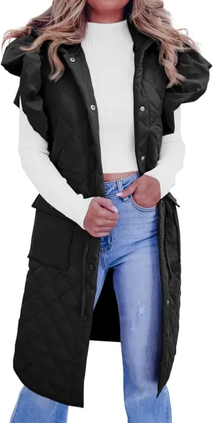 Tankaneo Womens Long Puffer Vests Fashion Ruffle Sleeve Quilted Gilet Coats Winter Hooded Down Jacket Vest