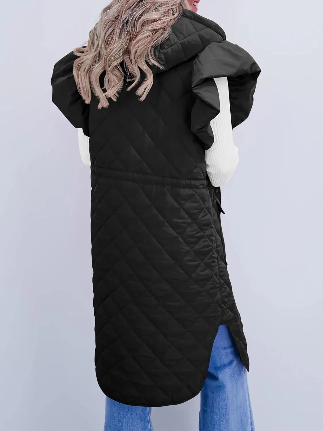 Tankaneo Womens Long Puffer Vests Fashion Ruffle Sleeve Quilted Gilet Coats Winter Hooded Down Jacket Vest