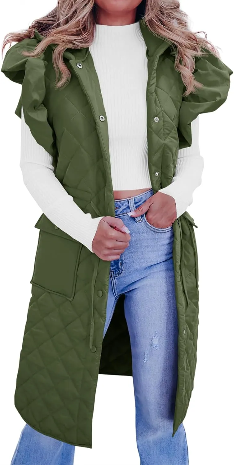 Tankaneo Womens Long Puffer Vests Fashion Ruffle Sleeve Quilted Gilet Coats Winter Hooded Down Jacket Vest