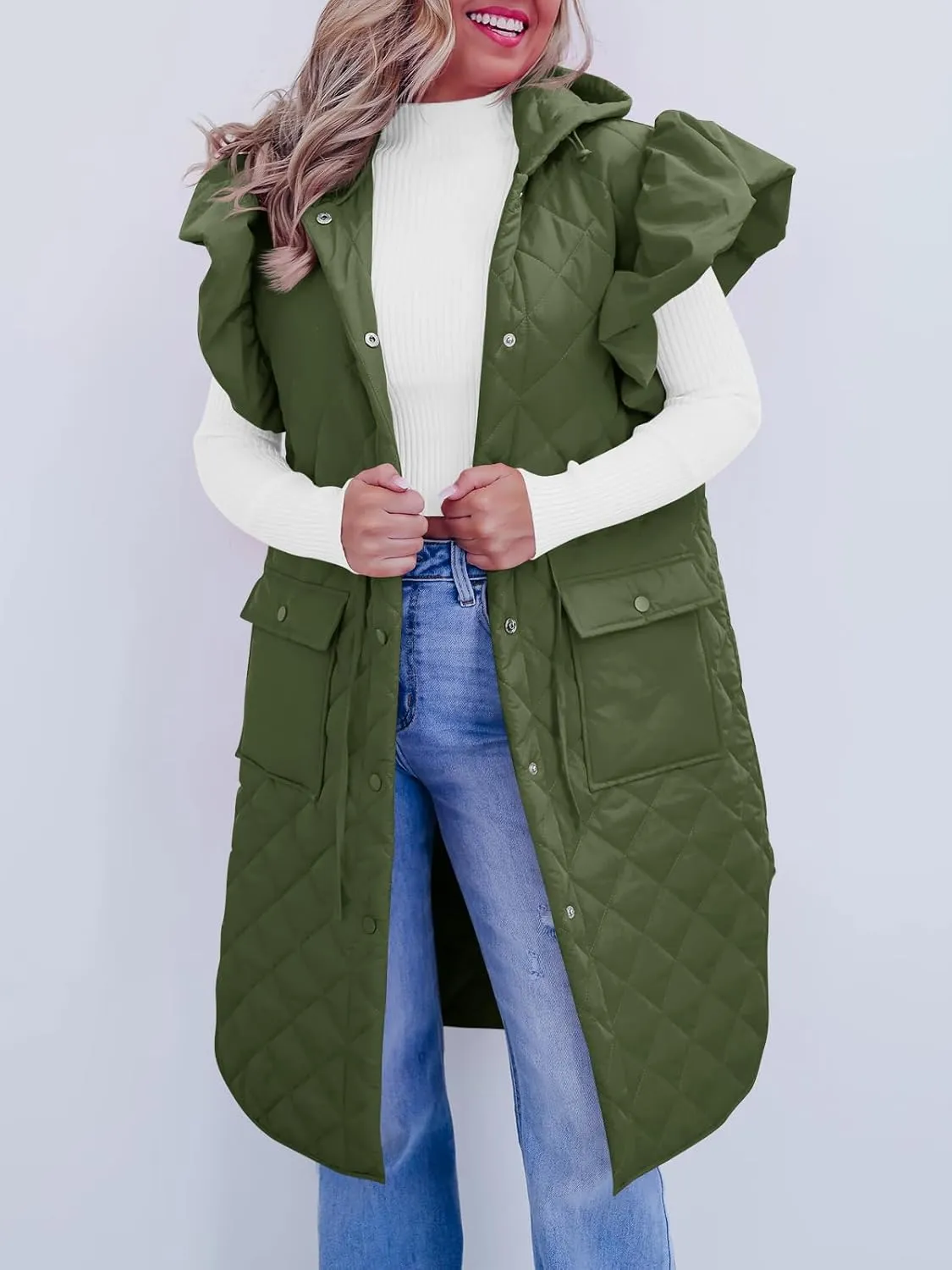 Tankaneo Womens Long Puffer Vests Fashion Ruffle Sleeve Quilted Gilet Coats Winter Hooded Down Jacket Vest