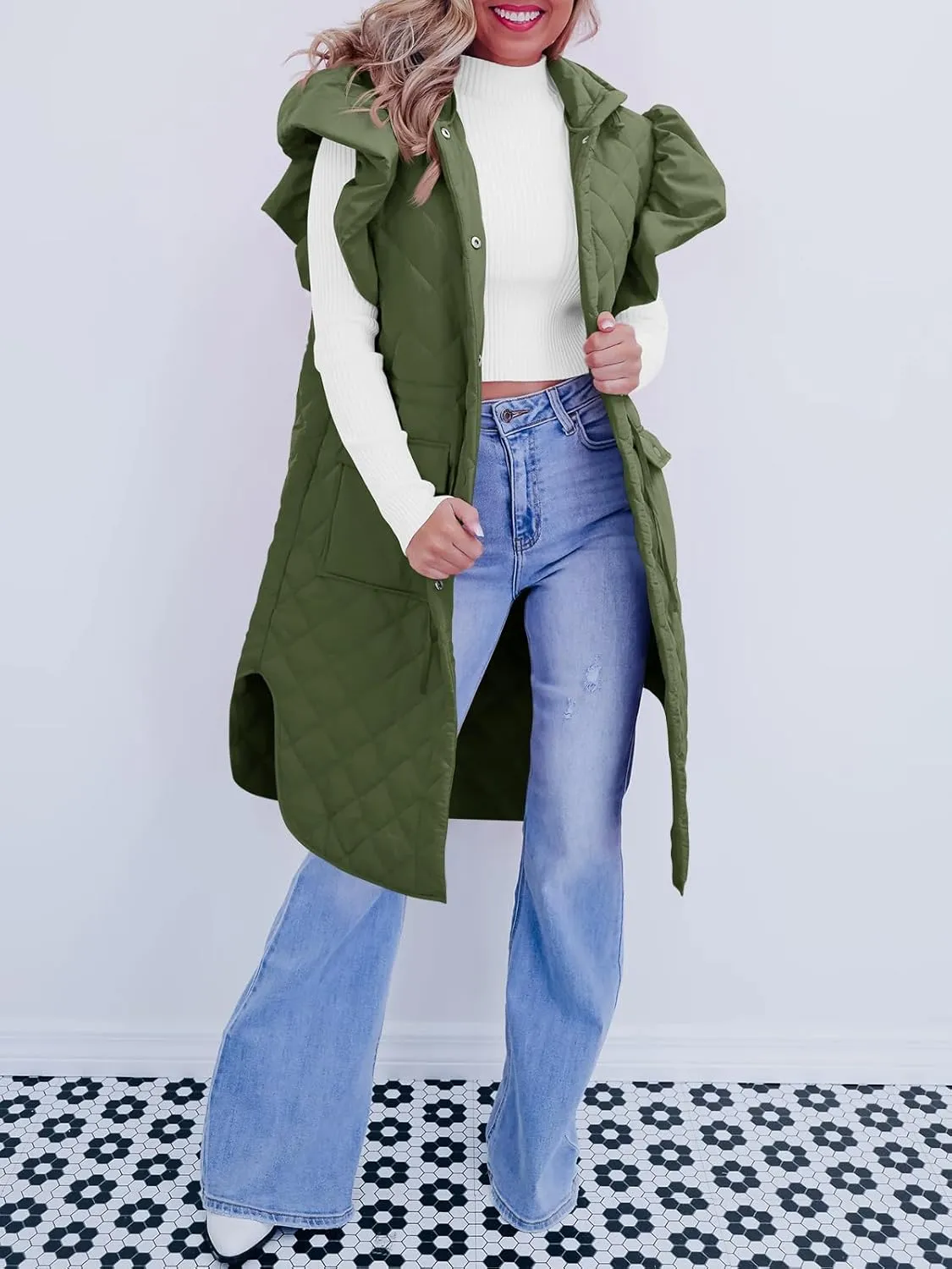 Tankaneo Womens Long Puffer Vests Fashion Ruffle Sleeve Quilted Gilet Coats Winter Hooded Down Jacket Vest
