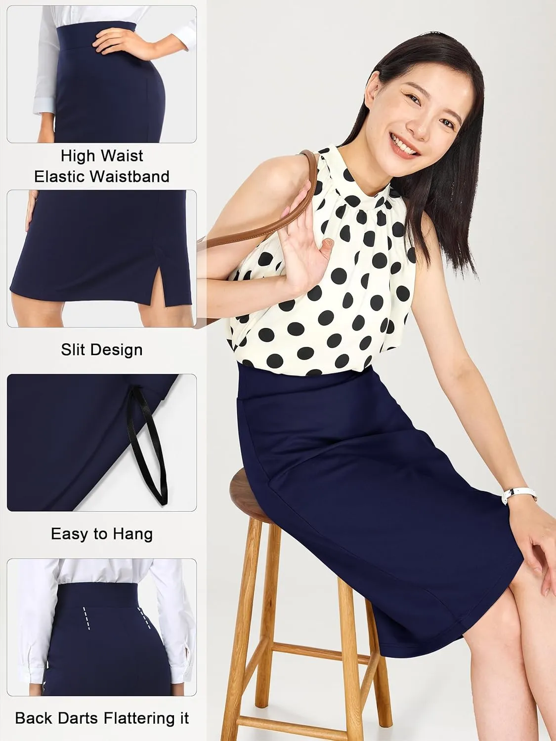 Tapata Womens Pencil Skirts Stretch Office Work Skirt Knee Length High Waist Midi Ponte Bodycon for Business Casual