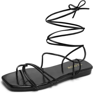 Tilocow Womens Gladiator Strappy Sandals Flats Slides Thong Lace up Dressy Summer Roman Shoes