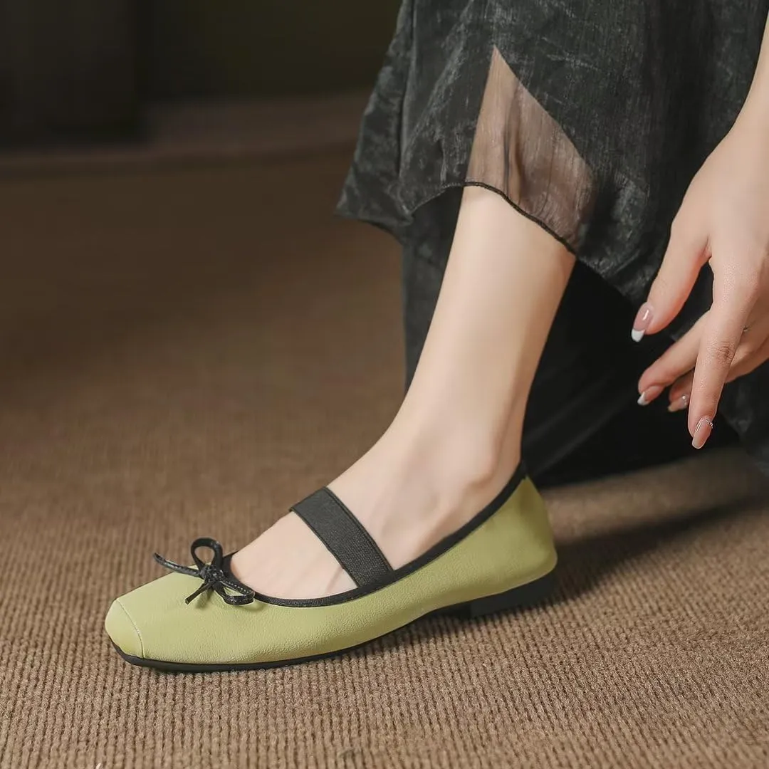 TN TANGNEST Leather Flats for Women Comfortable Square Toe Bowknot Ballet Flats Retro Slip On Mary Jane Flats