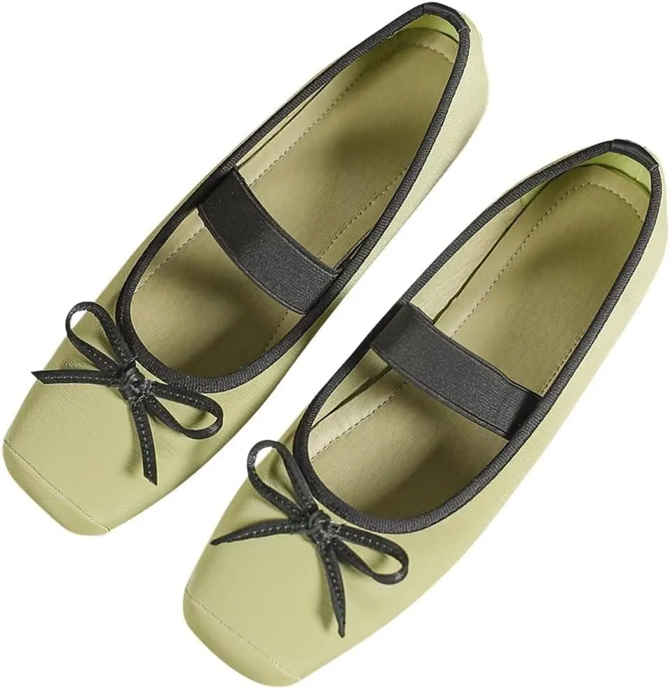 TN TANGNEST Leather Flats for Women Comfortable Square Toe Bowknot Ballet Flats Retro Slip On Mary Jane Flats