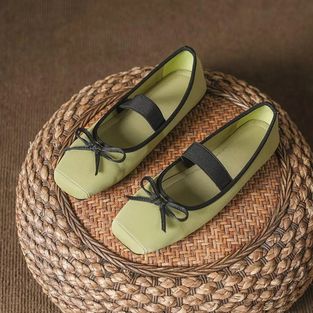 TN TANGNEST Leather Flats for Women Comfortable Square Toe Bowknot Ballet Flats Retro Slip On Mary Jane Flats