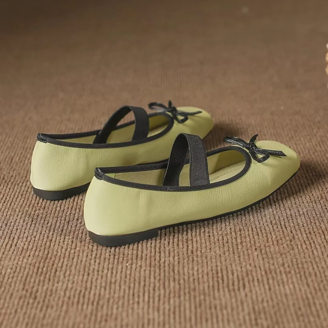 TN TANGNEST Leather Flats for Women Comfortable Square Toe Bowknot Ballet Flats Retro Slip On Mary Jane Flats