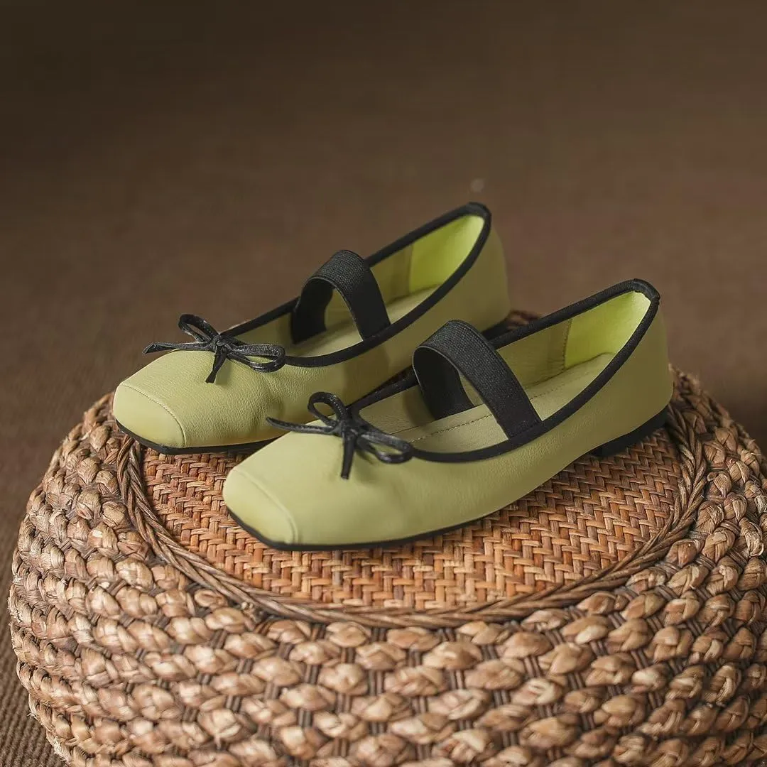 TN TANGNEST Leather Flats for Women Comfortable Square Toe Bowknot Ballet Flats Retro Slip On Mary Jane Flats