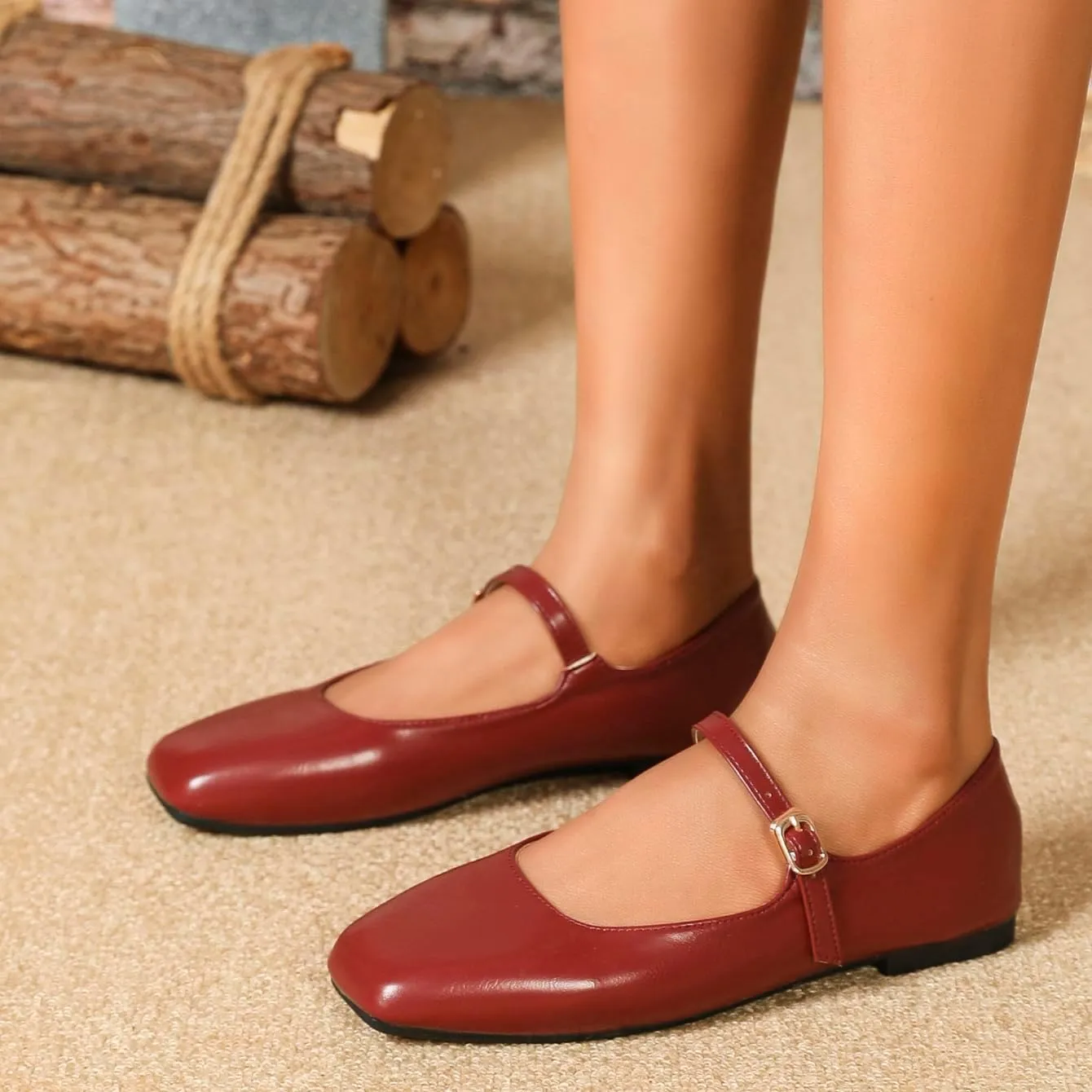 TN TANGNEST Women's Leather Flats Comfortable Square Toe Dress Flats Retro Soft Mary Jane Flats