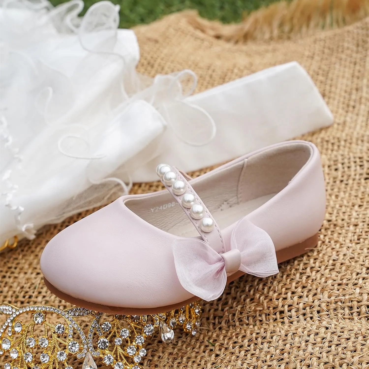 Toddler Girls Little Kid Ballet Pearl Ribbon Bows Flats Mary Jane Party Dress Shoes