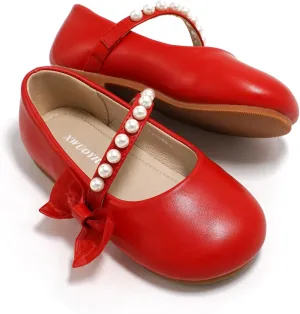 Toddler Girls Little Kid Ballet Pearl Ribbon Bows Flats Mary Jane Party Dress Shoes