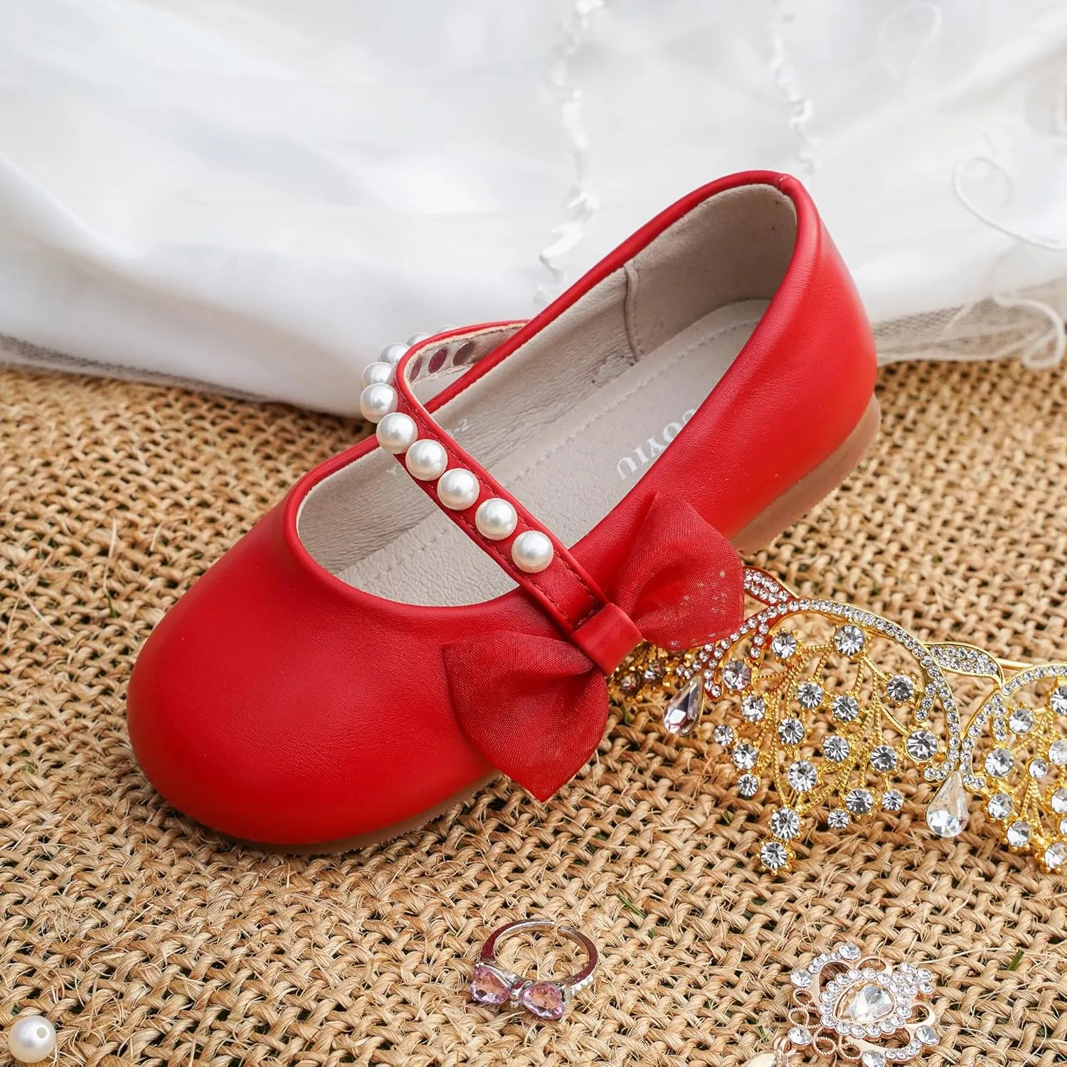 Toddler Girls Little Kid Ballet Pearl Ribbon Bows Flats Mary Jane Party Dress Shoes