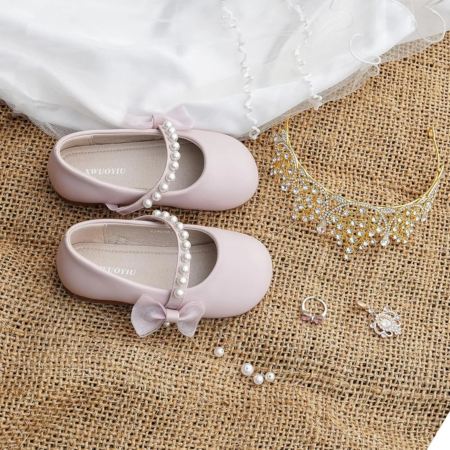 Toddler Girls Little Kid Ballet Pearl Ribbon Bows Flats Mary Jane Party Dress Shoes