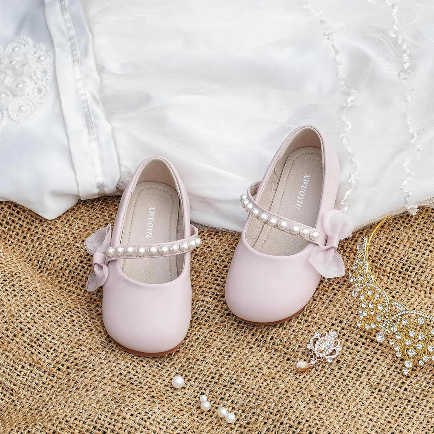 Toddler Girls Little Kid Ballet Pearl Ribbon Bows Flats Mary Jane Party Dress Shoes