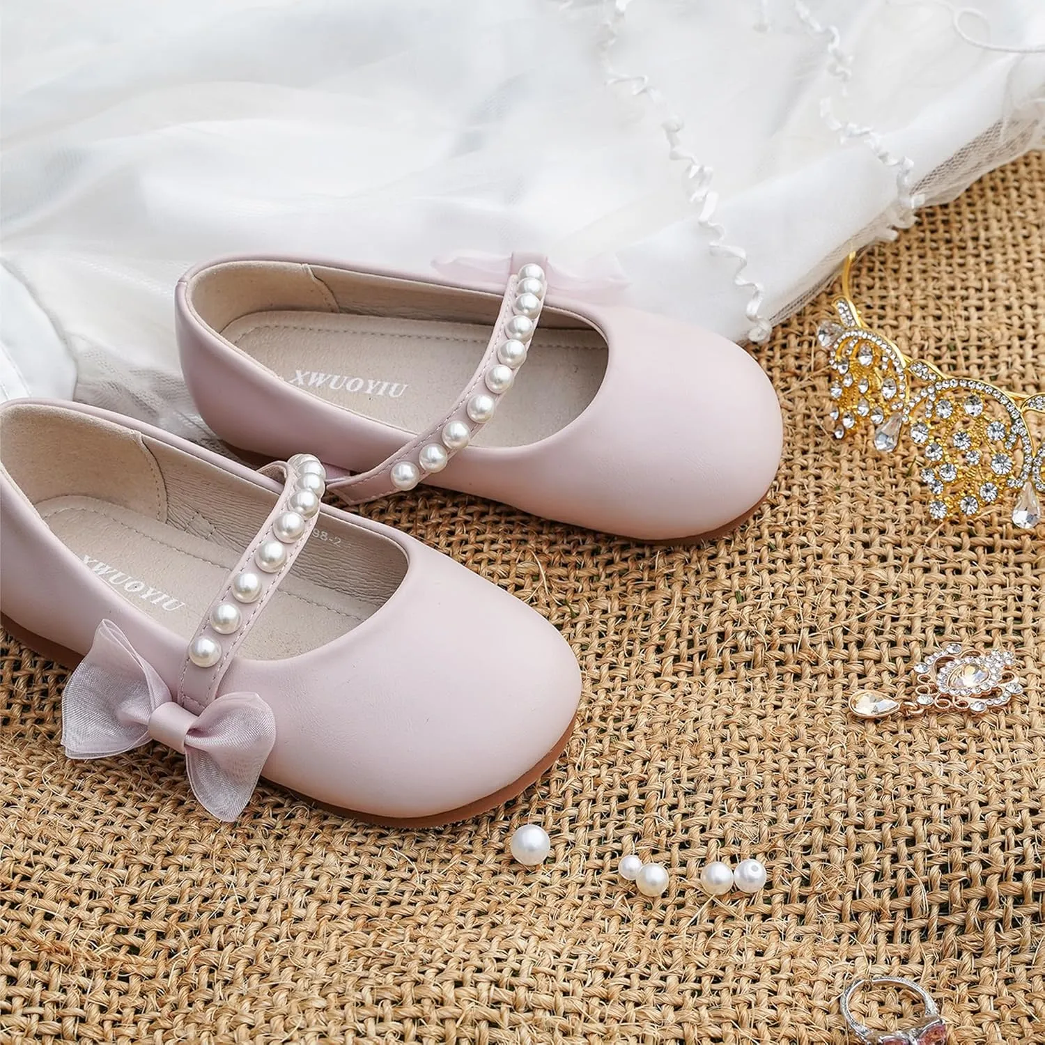 Toddler Girls Little Kid Ballet Pearl Ribbon Bows Flats Mary Jane Party Dress Shoes