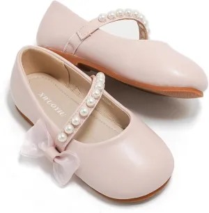 Toddler Girls Little Kid Ballet Pearl Ribbon Bows Flats Mary Jane Party Dress Shoes