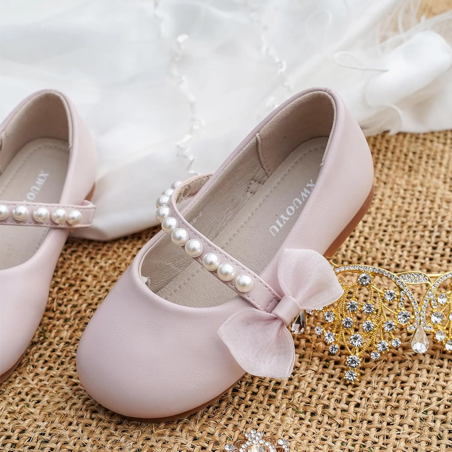 Toddler Girls Little Kid Ballet Pearl Ribbon Bows Flats Mary Jane Party Dress Shoes