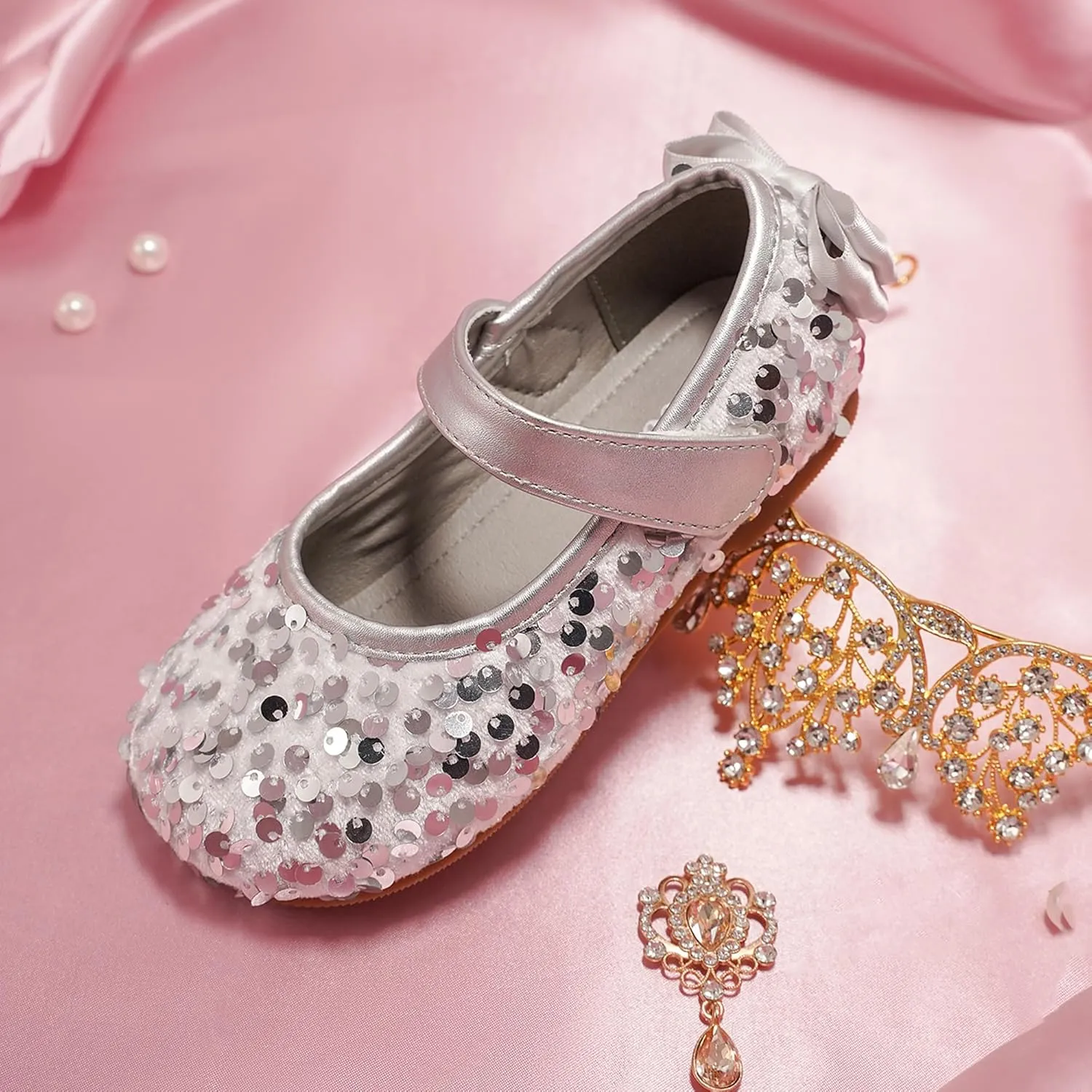 Toddler Girls Little Kid Ballet Sequin Ribbon Bows Flats Mary Jane Party Dress Shoes