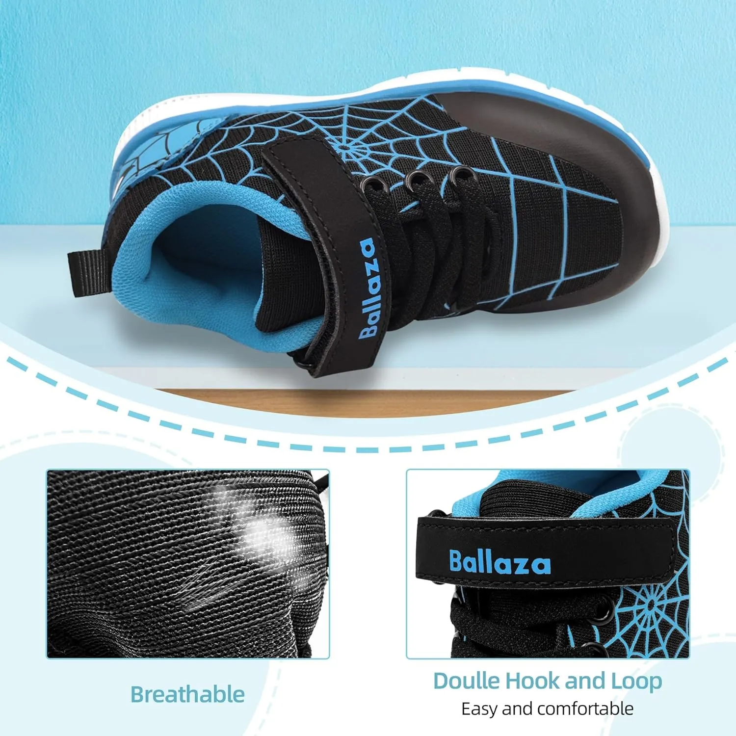 Toddler Kid Spider Design Sneakers with Non-Slip Sole, Breathable Mesh, and Hook-and-Loop Closure
