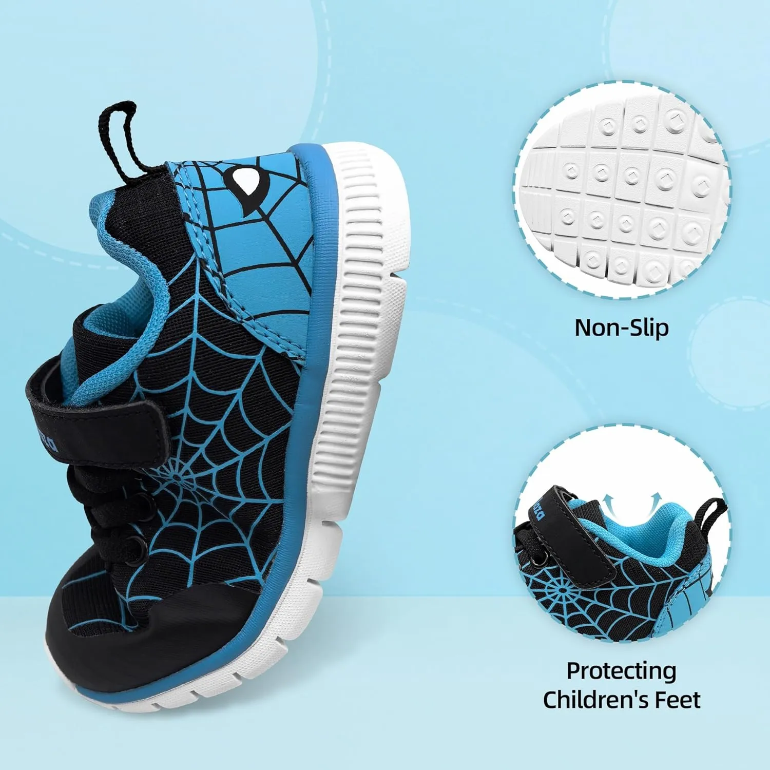 Toddler Kid Spider Design Sneakers with Non-Slip Sole, Breathable Mesh, and Hook-and-Loop Closure