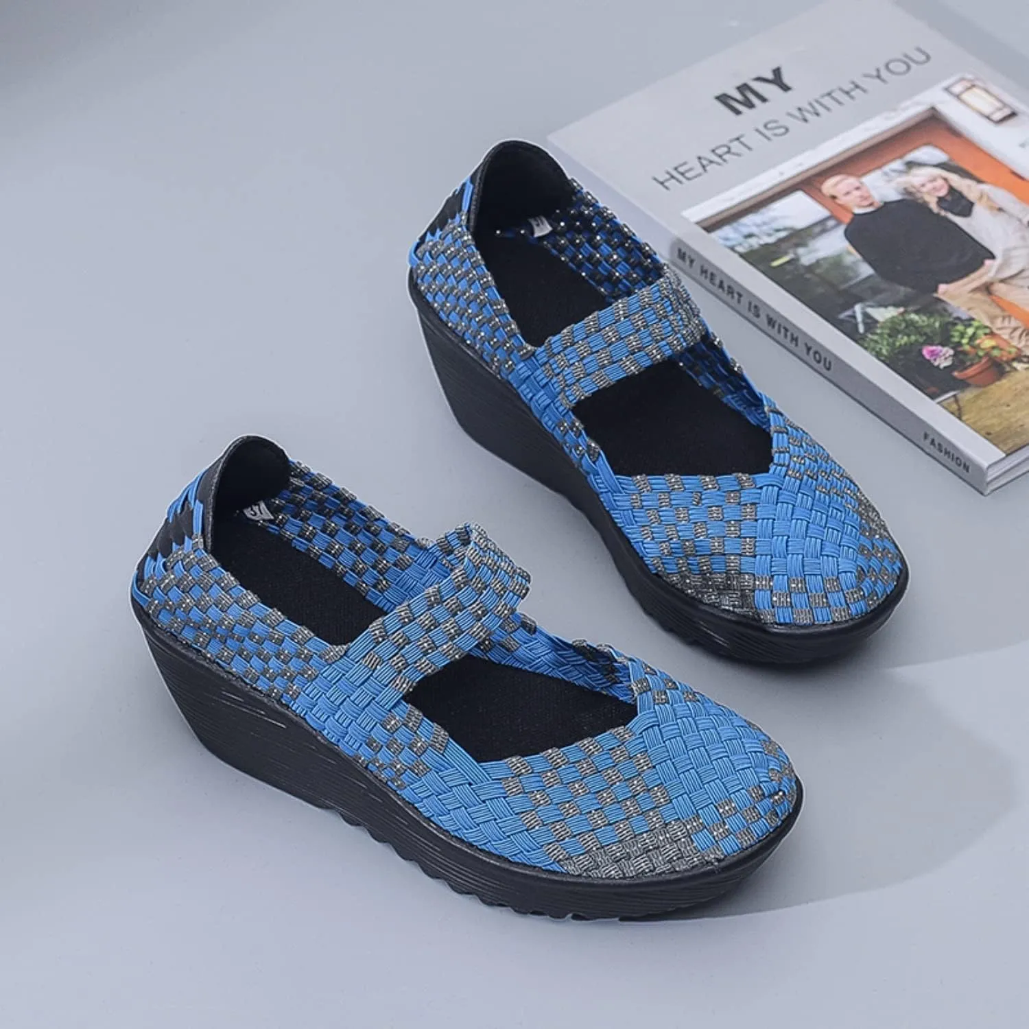 Touchmosees Women's Platform Wedge Sandals Woven Pumps Mary Jane Shoes Comfortable Walking Shoes