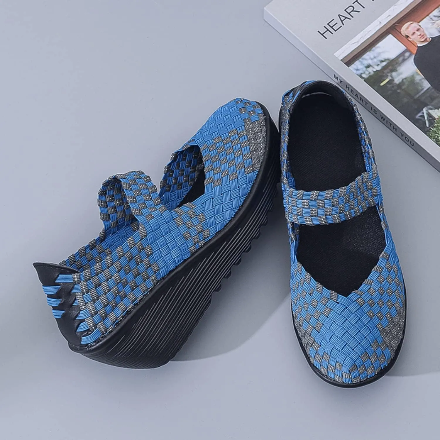 Touchmosees Women's Platform Wedge Sandals Woven Pumps Mary Jane Shoes Comfortable Walking Shoes