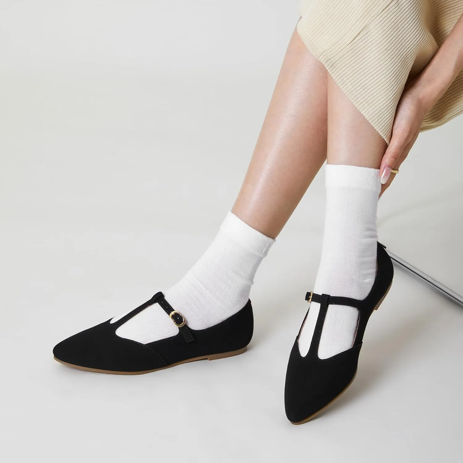 Trary Women's Black Mary Jane T-Strap Ballet Flats, Pointed Toe, Comfortable, Adjustable Buckle, Business Casual, US Size 7-12