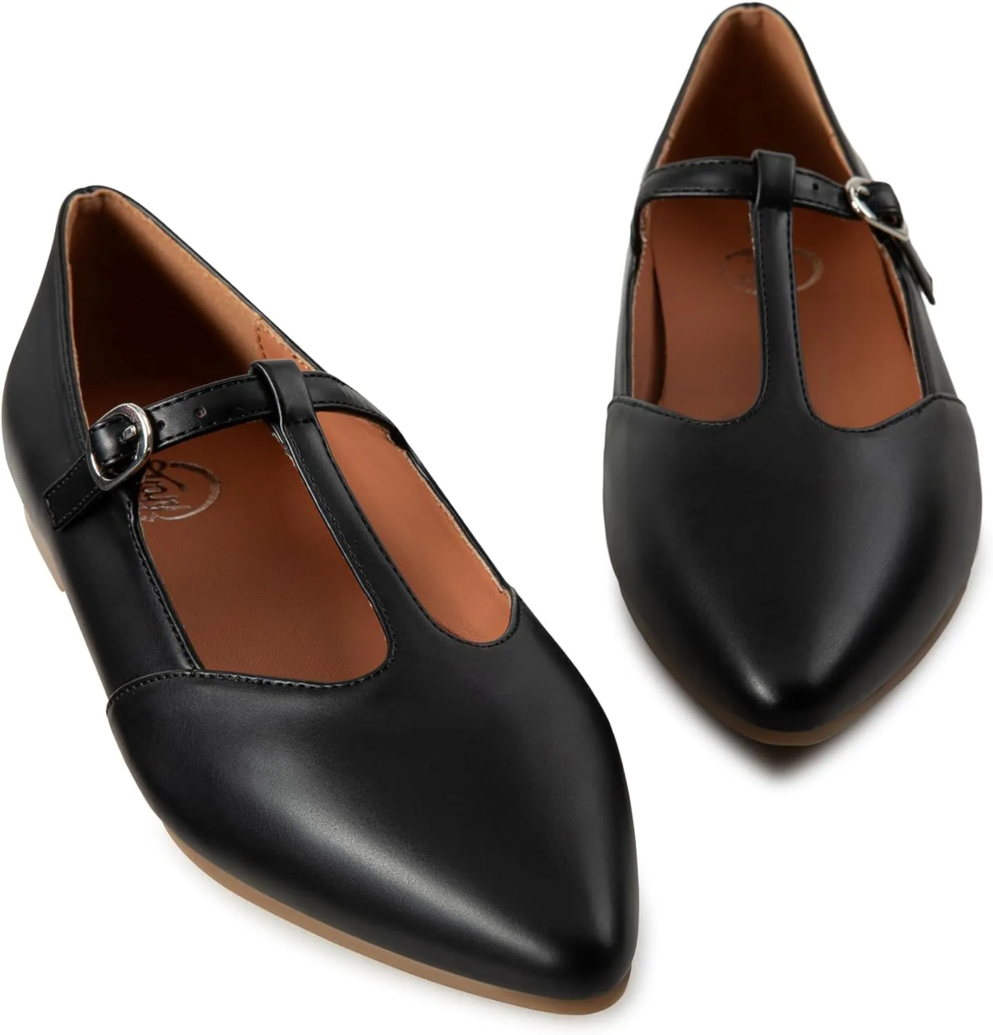 Trary Women's Black Mary Jane T-Strap Ballet Flats, Pointed Toe, Comfortable, Adjustable Buckle, Business Casual, US Size 7-12