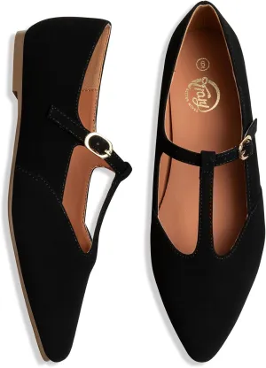 Trary Women's Black Mary Jane T-Strap Ballet Flats, Pointed Toe, Comfortable, Adjustable Buckle, Business Casual, US Size 7-12
