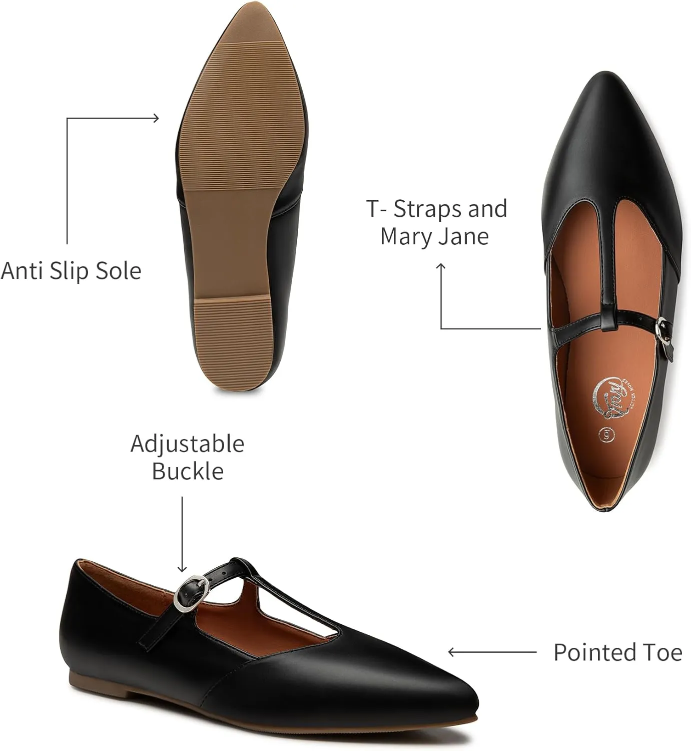 Trary Women's Black Mary Jane T-Strap Ballet Flats, Pointed Toe, Comfortable, Adjustable Buckle, Business Casual, US Size 7-12