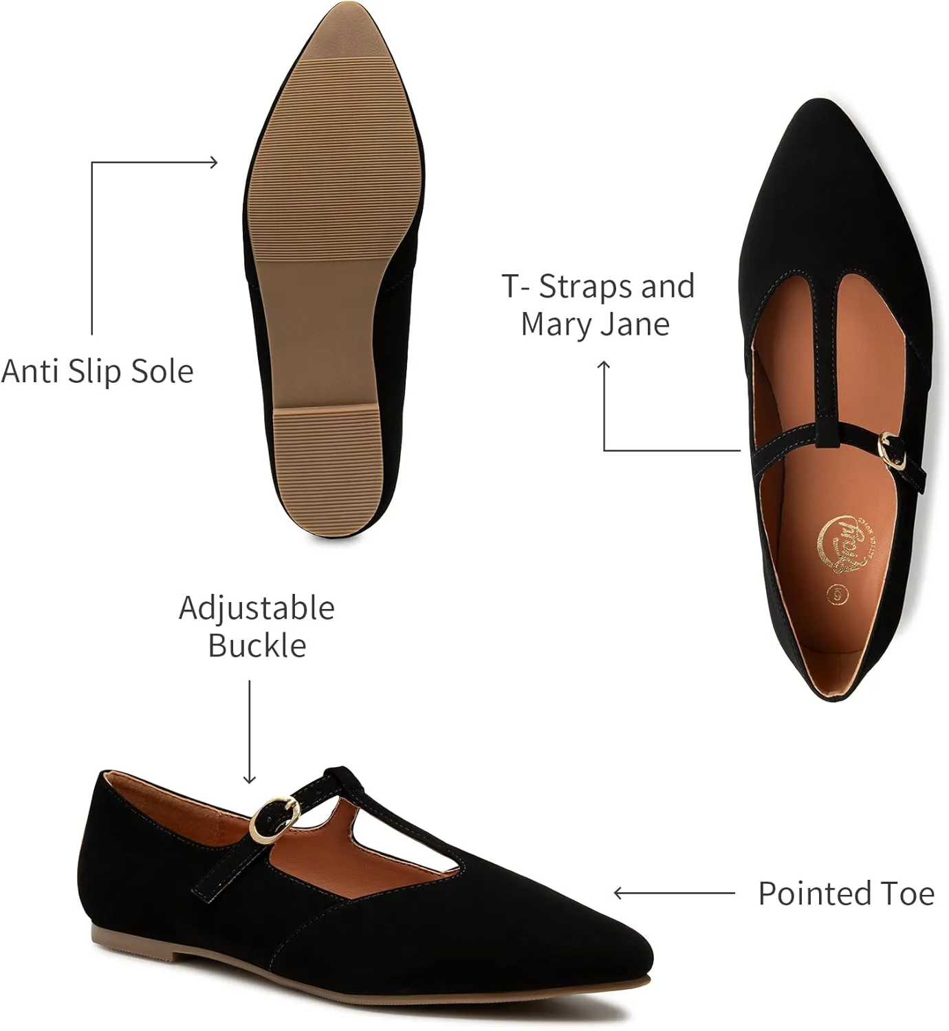 Trary Women's Black Mary Jane T-Strap Ballet Flats, Pointed Toe, Comfortable, Adjustable Buckle, Business Casual, US Size 7-12