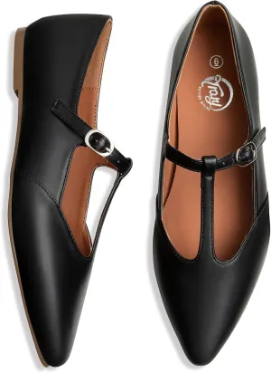 Trary Women's Black Mary Jane T-Strap Ballet Flats, Pointed Toe, Comfortable, Adjustable Buckle, Business Casual, US Size 7-12