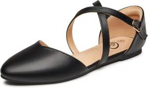 Trary Women's Flats, Black Wide Width Dress Shoes, Ankle Strap Closed Toe Ballet Flats
