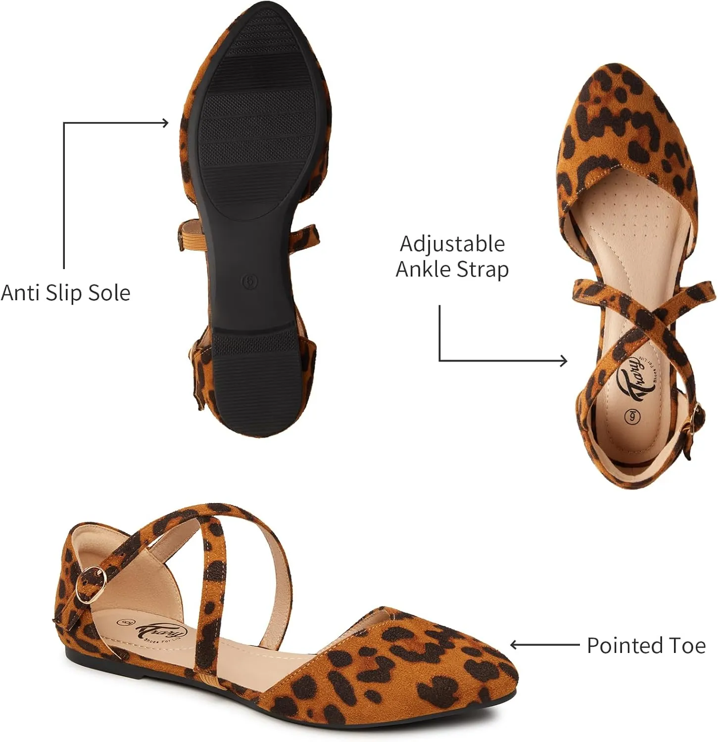 Trary Women's Flats, Black Wide Width Dress Shoes, Ankle Strap Closed Toe Ballet Flats
