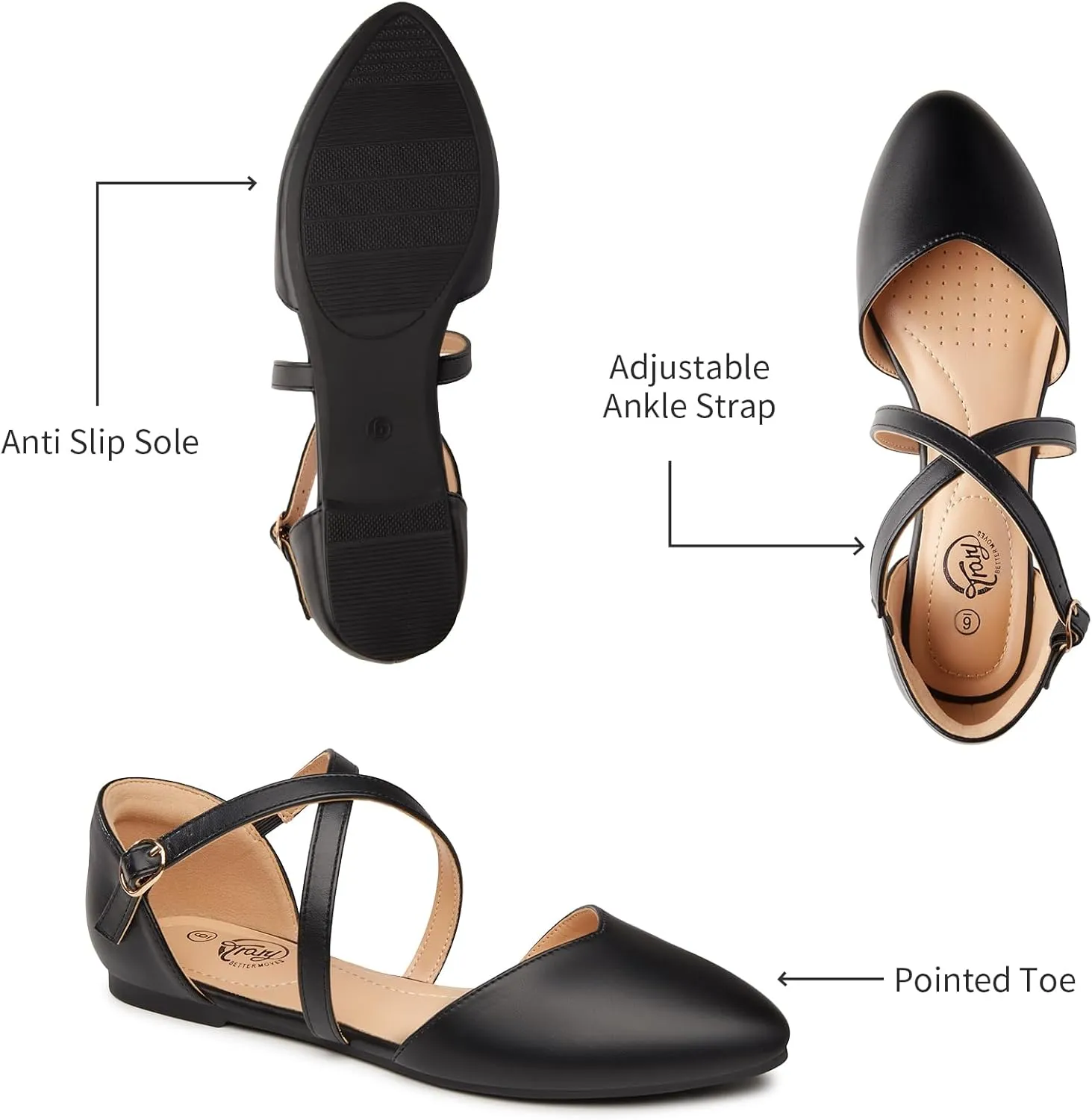 Trary Women's Flats, Black Wide Width Dress Shoes, Ankle Strap Closed Toe Ballet Flats