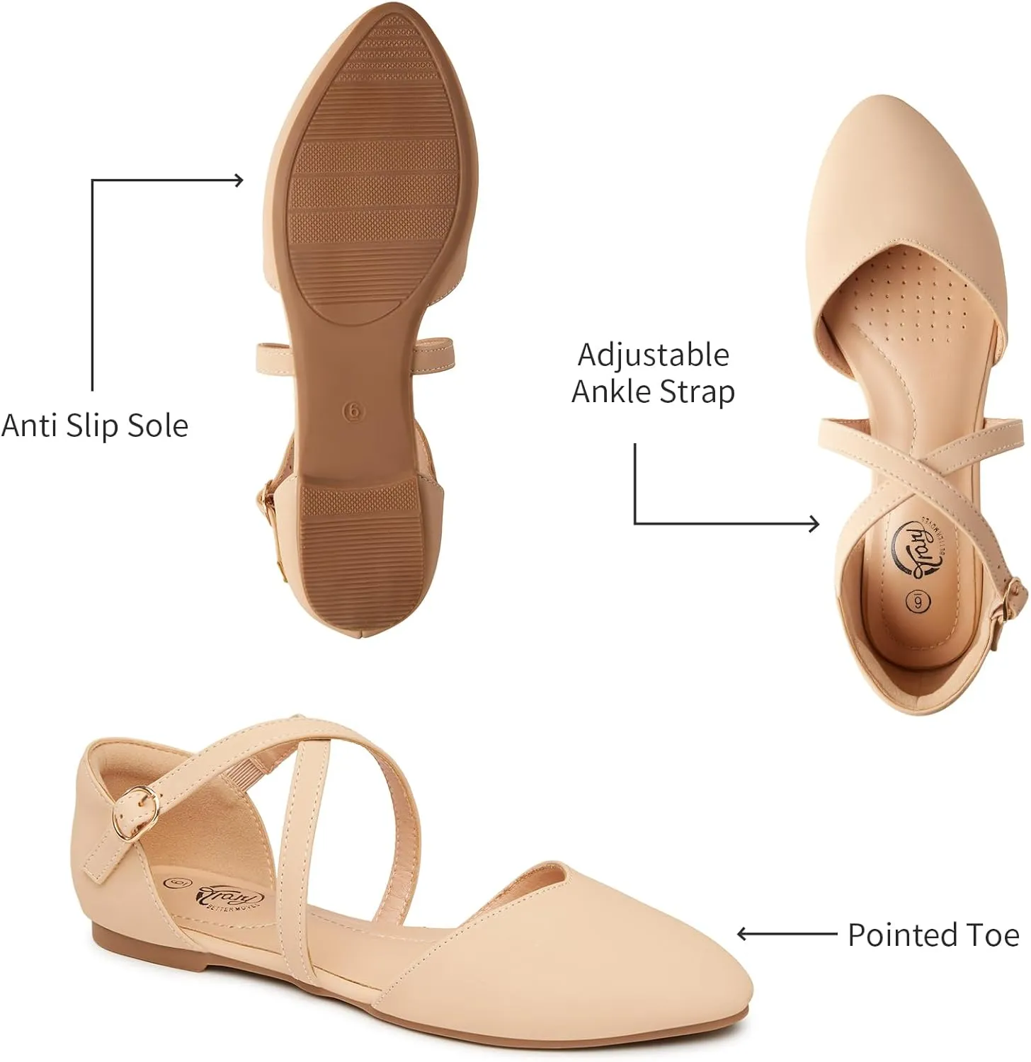 Trary Women's Flats, Black Wide Width Dress Shoes, Ankle Strap Closed Toe Ballet Flats